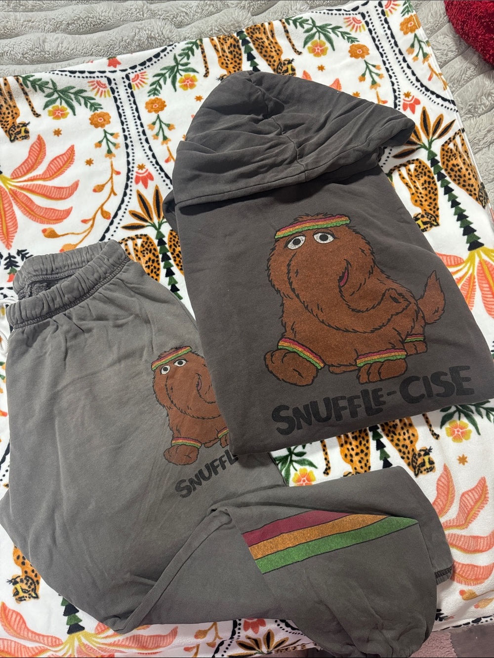 Lauren Moshi Gray 'Snuffle-cise' Jogger Set with Brown Character Art